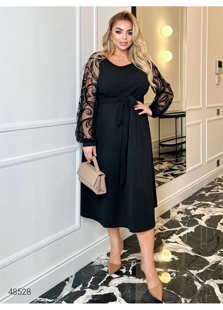 Black midi dress with patterned mesh sleeves
