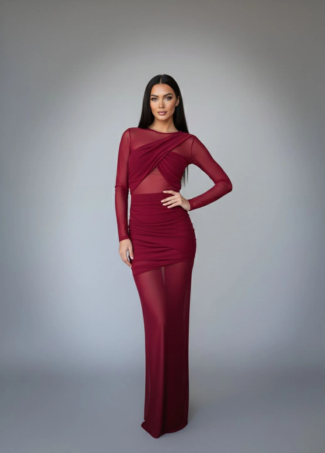 Red satin midi dress with V neckline