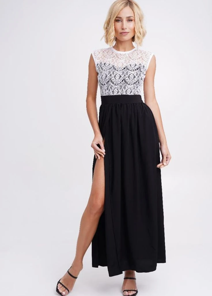 Elegant black-and-white lace maxi dress with side slit
